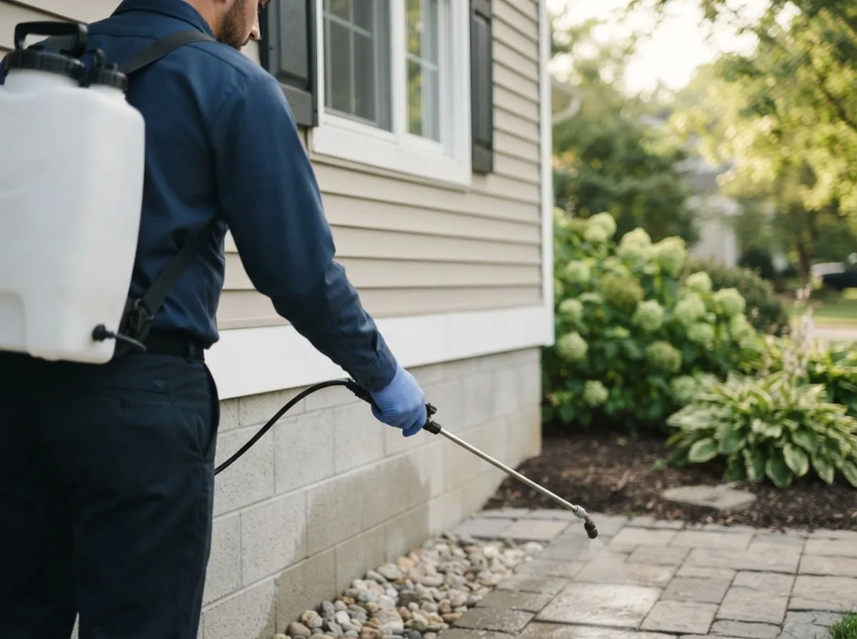 Pest control technician inspecting a home in Millersport, OH